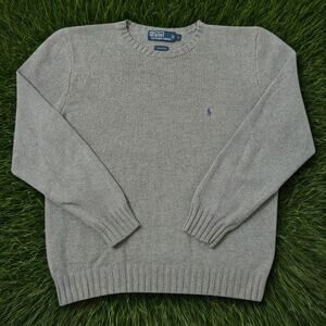 Polo Ralph Lauren Sweater Men’s L Gray 100% Cotton Knit Crewneck 90s Vintage